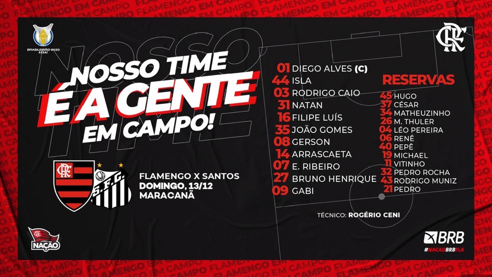 Escalação do Flamengo para enfrentar o Santos — Foto: Reprodução