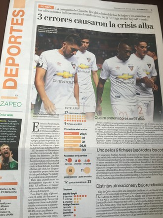 Jornais citam crise da LDU e estreia de técnico no banco contra o Grêmio