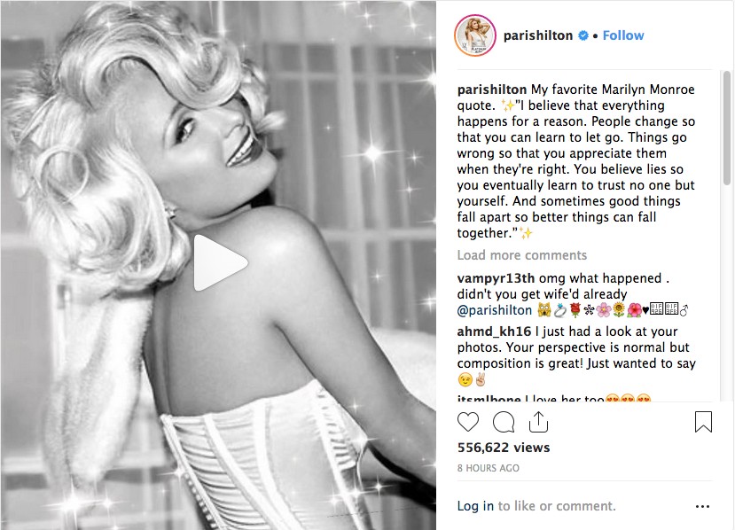 Um post com uma mensagem de autoestima de Marilyn Monroe compartilhado por Paris Hilton (Foto: Instagram)