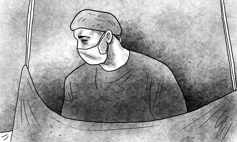 O médico Giovanni Quintella Bezerra aproveitava o lençol erguido para que o restante da equipe médica não pudesse ver o pescoço e a cabeça da paciente — Foto: Editoria de Arte