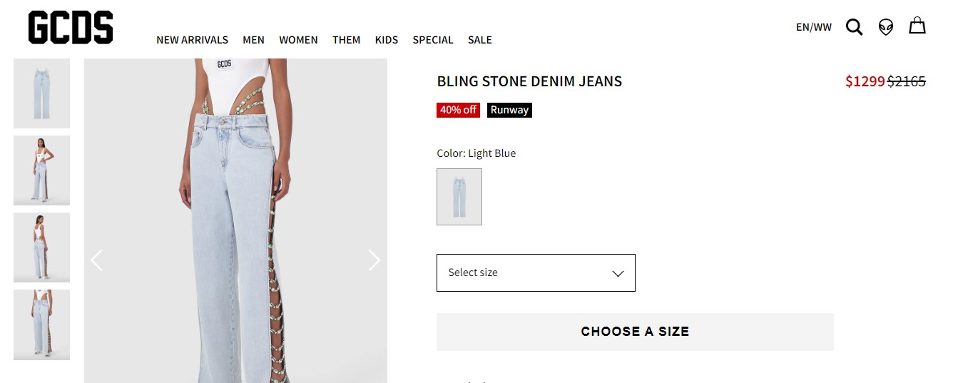 GCDS: ca calça Bling Stone está disponível por US $1299 (aproximadamente R$ 7 mil na cotação atual). (Foto: Reprodução/ )