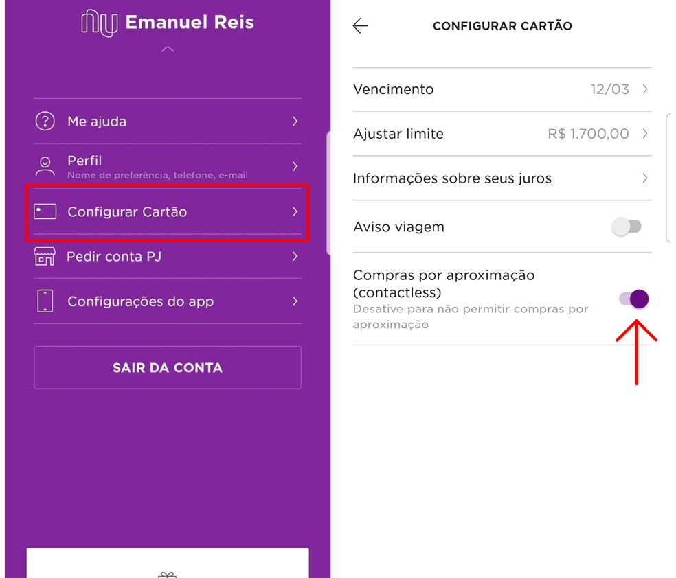 Existe a possibilidade de desativar o "Compras por aproximação" no seu app Nubank — Foto: Reprodução/Emanuel Reis