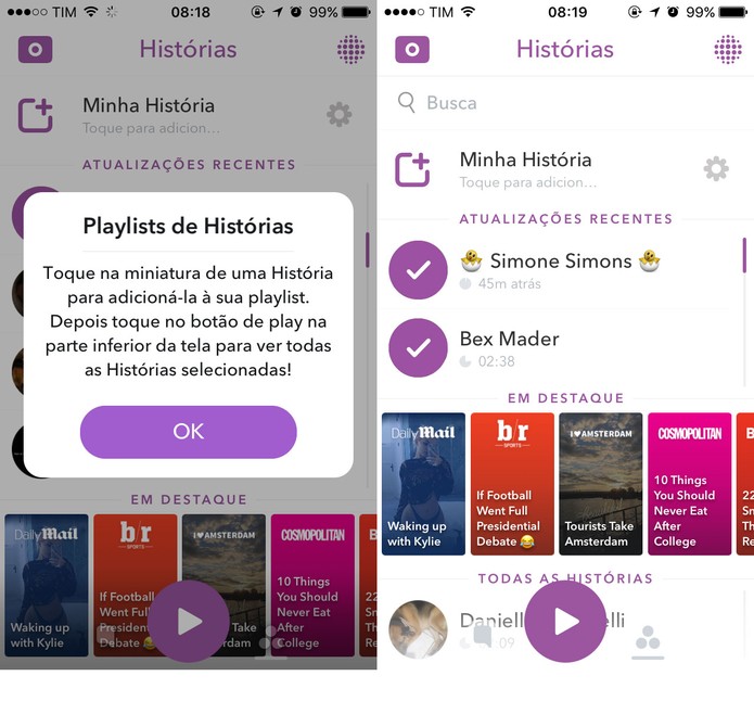 Criar playlists permite ver apenas os usuários que você deseja no Snapchat (Foto: Reprodução/Felipe Vinha)