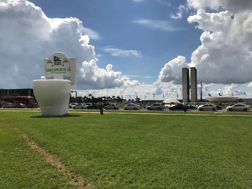 SOS Mata Atlântica colocaram um vaso sanitário inflável de 12 metros no gramado do Congresso (Foto: Lucas Vidigal/G1)