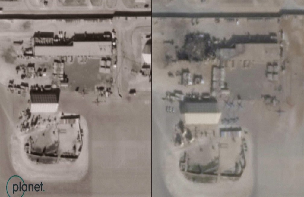 Imagens de satélite mostram antes e depois de ataque iraniano à base aérea de Ain Al-Asad, no Iraque — Foto: Reuters