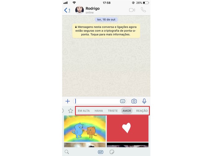 WhatsApp permite pesquisar entre várias categorias de GIFs do catálogo Giphy (Foto: Reprodução/Rodrigo Fernandes) WhatsApp permite pesquisar entre várias categorias de GIFs do catálogo Giphy (Foto: Reprodução/Rodrigo Fernandes)
