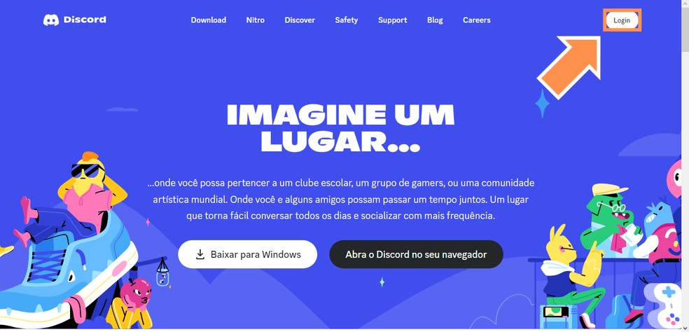 Clique em 'Login' ou 'Entrar' na página inicial do Discord — Foto: Reprodução/Róbson Martins