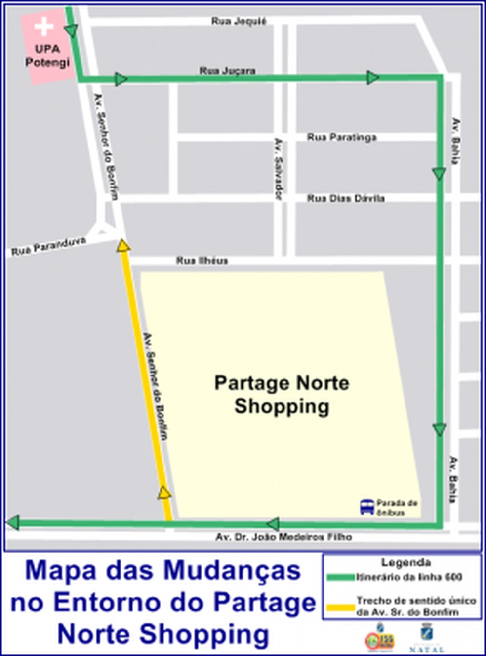 Mapa das mudanças no entorno do Partage Norte Shopping, em Natal — Foto: STTU/Divulgação
