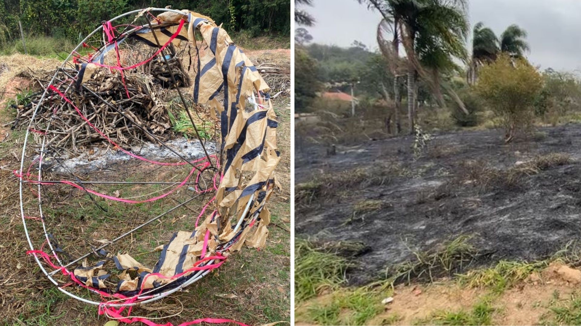 Após bandeira se desprender e atingir fiação elétrica, balão cai sobre área de mata e provoca incêndio em Jundiaí 