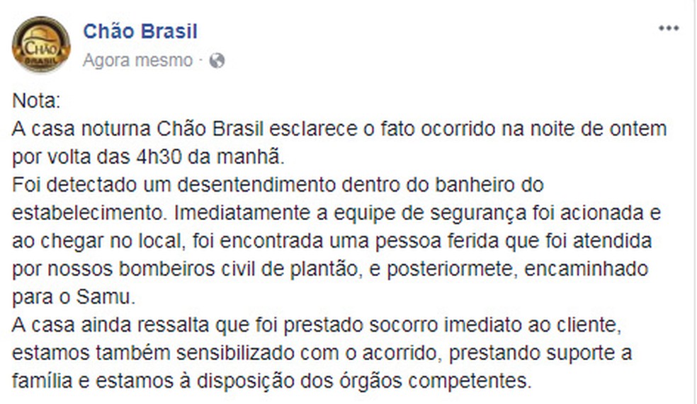 Chão Brasil publicou nota nas redes sociais lamentando morte de jovem na casa noturna (Foto: Reprodução/Facebook)