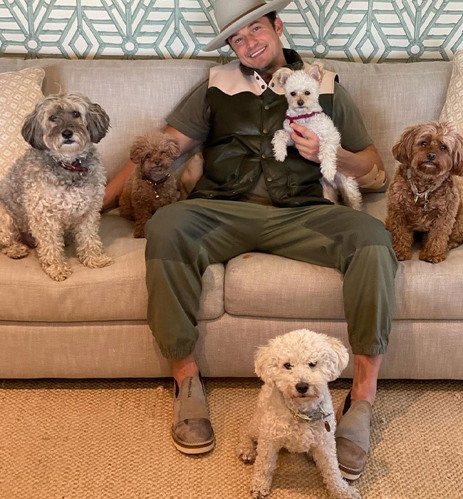 Orlando Bloom posa com seus cachorros na sala da mansão em Montecito (Foto: Reprodução/Instagram )