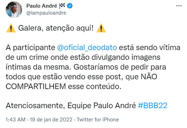 Equipe de Paulo André repudia vazamento de vídeo da sister Natália, do BBB22 (Foto: Reprodução/Twitter)