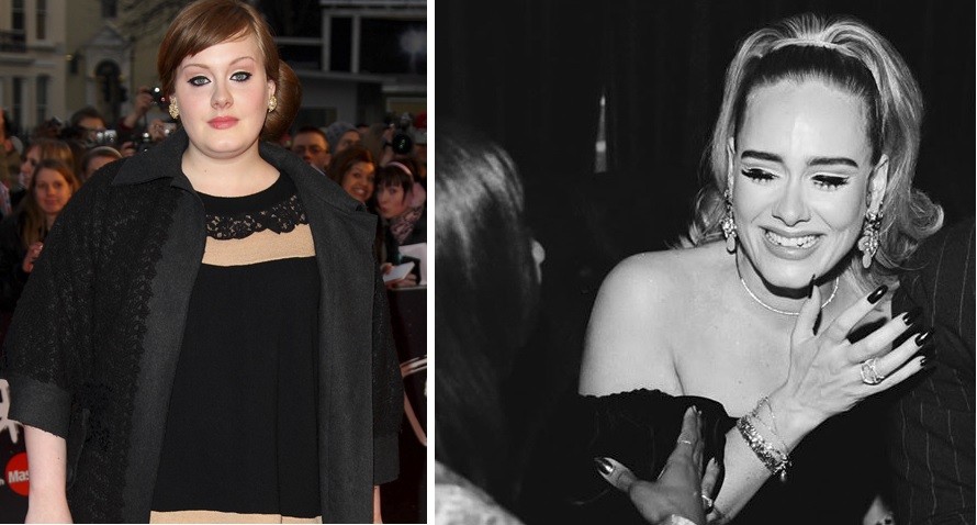 Em 2008, no começo da carreira, e agora; Adele surge mais magra, com 19 kg a menos (Foto: Reprodução)