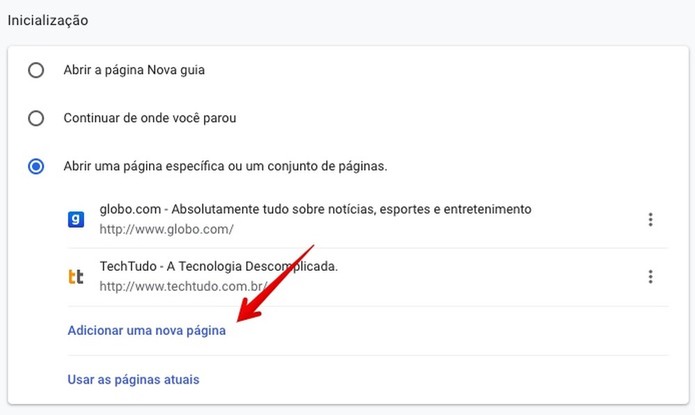 Alterando a página inicial do Chrome (Foto: Reprodução/Helito Bijora) Alterando a página inicial do Chrome (Foto: Reprodução/Helito Bijora)