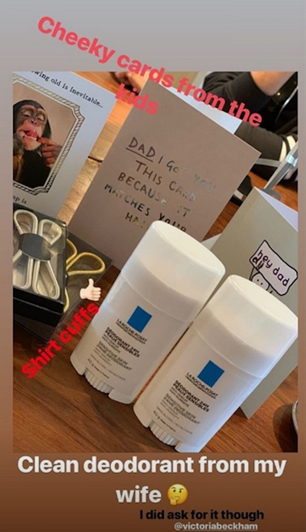 O desodorante que David Beckham ganhou de presente de aniversário da esposa, a estilista e cantora Victoria Beckham (Foto: Instagram)