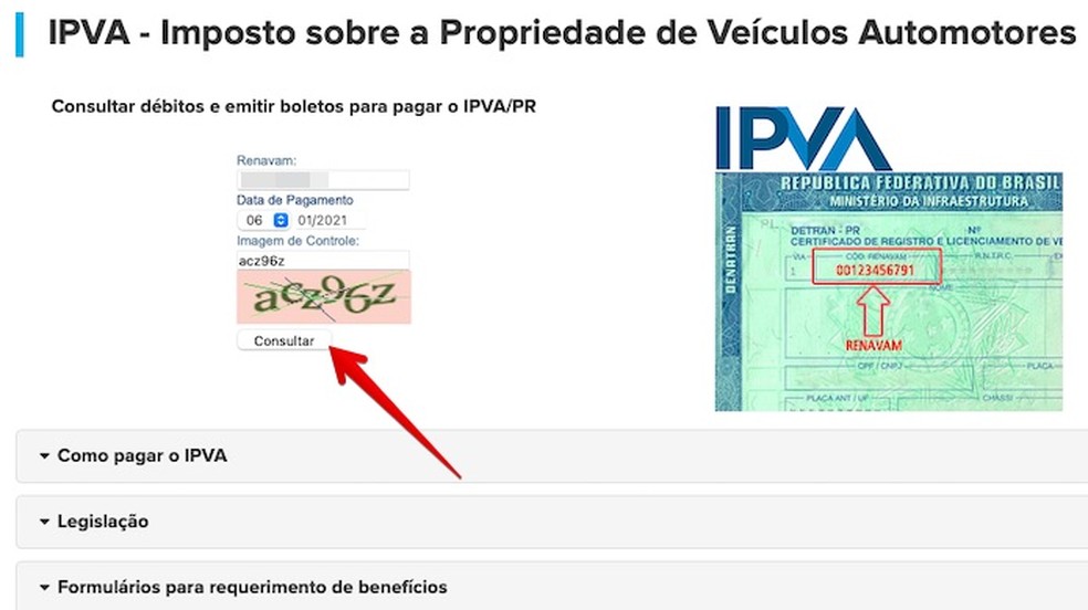 Emitindo guia de pagamento do IPVA 2021 — Foto: Reprodução/Helito Beggiora