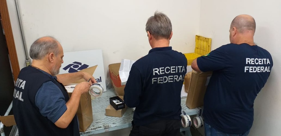 Agentes da Receita Federal fiscalizam mercadorias  â Foto: JÃºlio Ettore/NSC TV