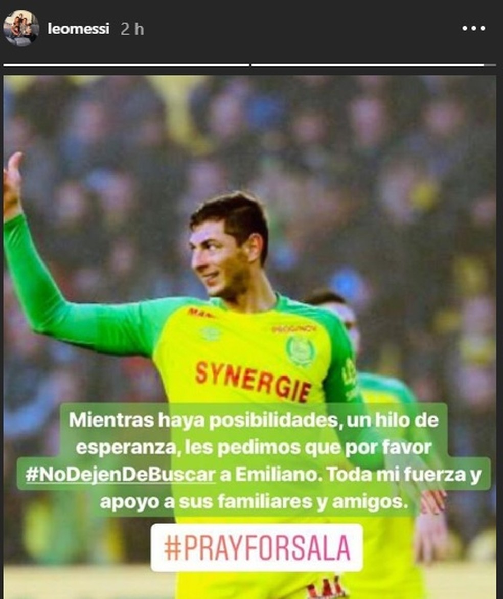 Messi faz apelo por Emiliano Sala nas redes sociais — Foto: Reprodução/Instagram