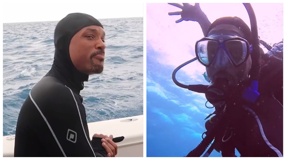 O ator Will Smith em seu mergulho em águas repletas de tubarões (Foto: Instagram)
