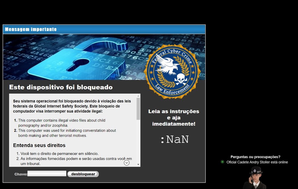 Exemplo de pegadinha de bloqueio do FBI feita com o site Geek Prank — Foto: Reprodução/Thaisi Carvalho