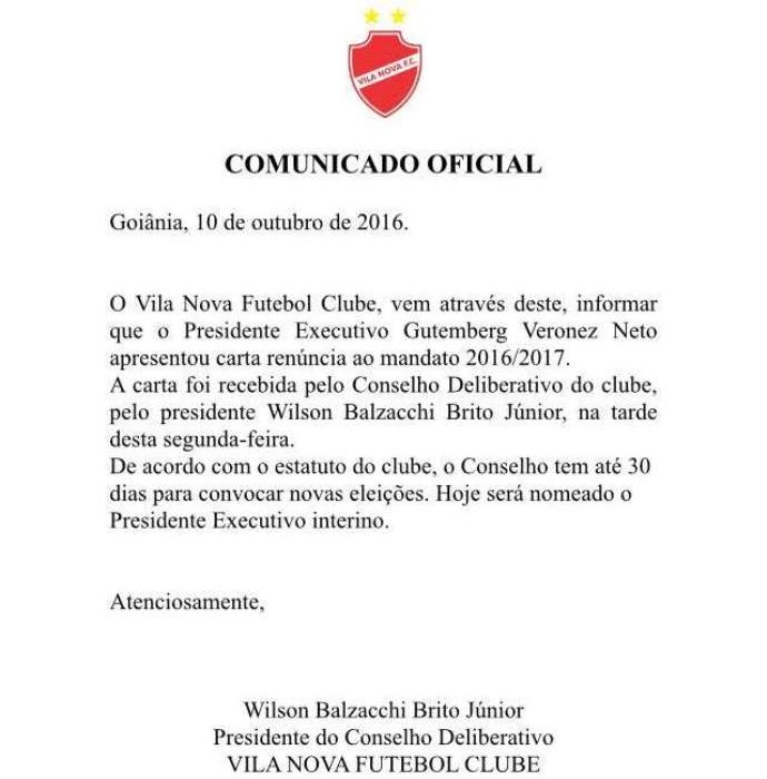 Vila Nova - nota oficial (Foto: Divulgação)