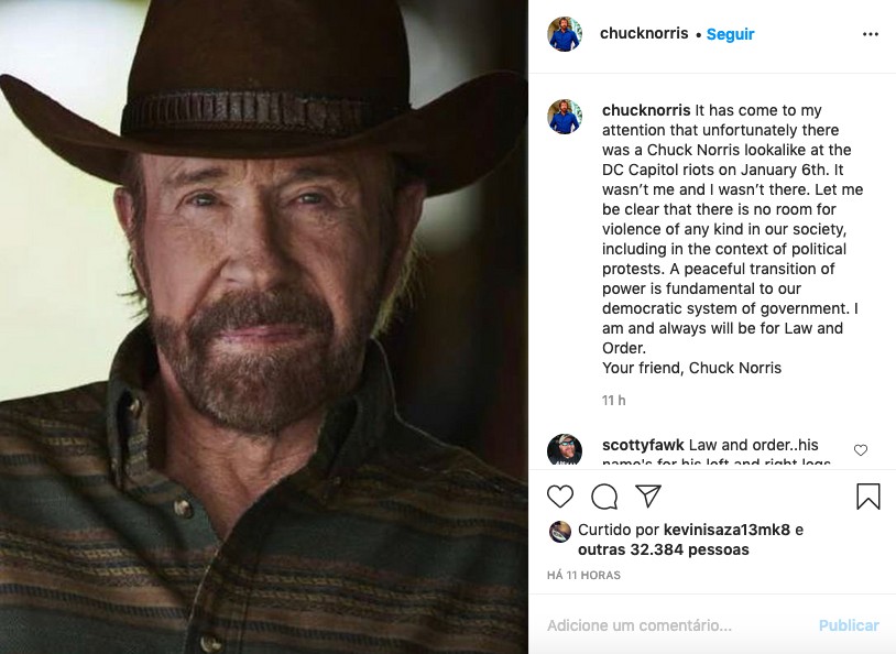 O post do ator Chuck Norris negando sua presença na invasão do Congresso dos EUA no dia 6 de janeiro de 2021 (Foto: Instagram)