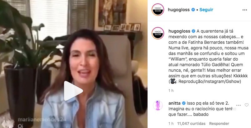 Anitta brinca ao ver Fátima Bernardes confundir nome do atual com o do ex (Foto: Reprodução/ Instagram)