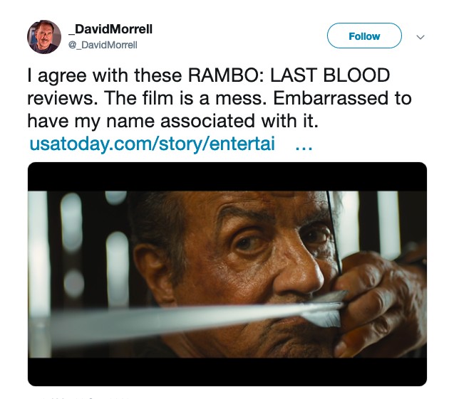 A declaração do escritor David Morrell, autor do livro que inspirou o primeiro filme da série Rambo, dizendo concordar com as críticas negativas feitas à nova produção da franquia (Foto: Twitter)