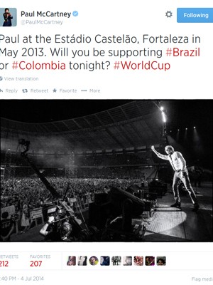 Paul McCartney lembra foto no Castelão antes de jogo da Copa