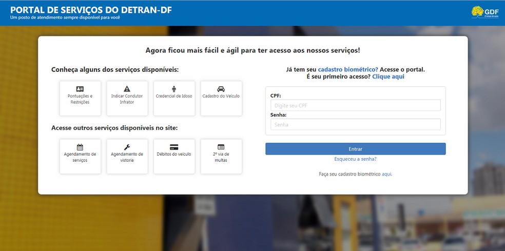 Portal de ServiÃ§os online  do Detran-DF â Foto: DivulgaÃ§Ã£o/Detran-DF