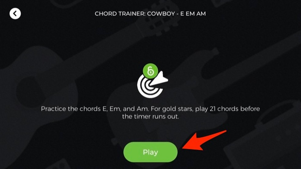 Ação para iniciar uma aula de acordes no aplicativo Yousician — Foto: Reprodução/Marvin Costa