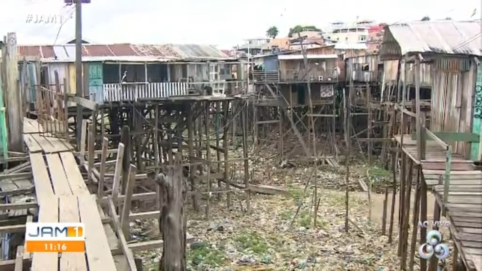 Moradores que vivem em palafitas estão sobre lixo, em Manaus — Foto: Reprodução