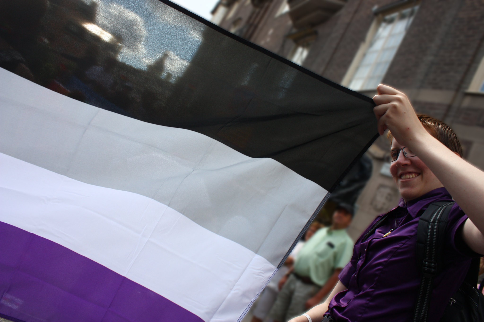 A bandeira da assexuailidade é composta pelas cores preta e branca (que representam a ausência e presença da atração sexual), cinza (que remete à escala cinza da sexualidade) e roxa (representando a assexualidade em si). (Foto: trollhare/Flickr)