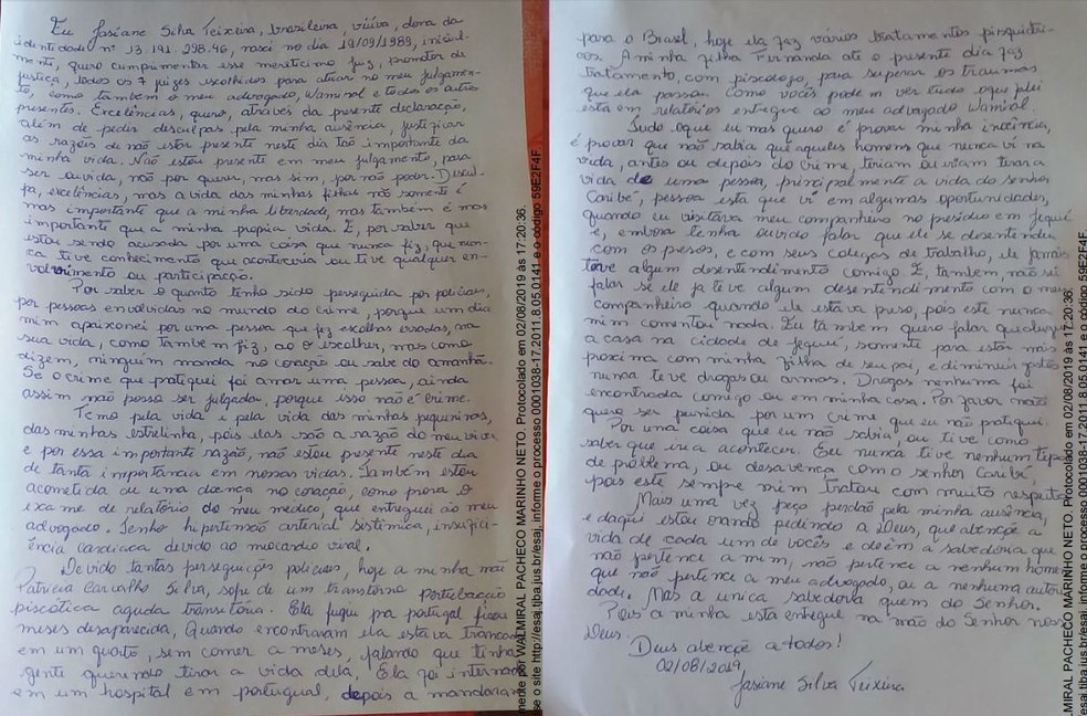 Em carta, Jasiane alega inocência e diz que teme pela vida dela e das filhas — Foto: Divulgação 
