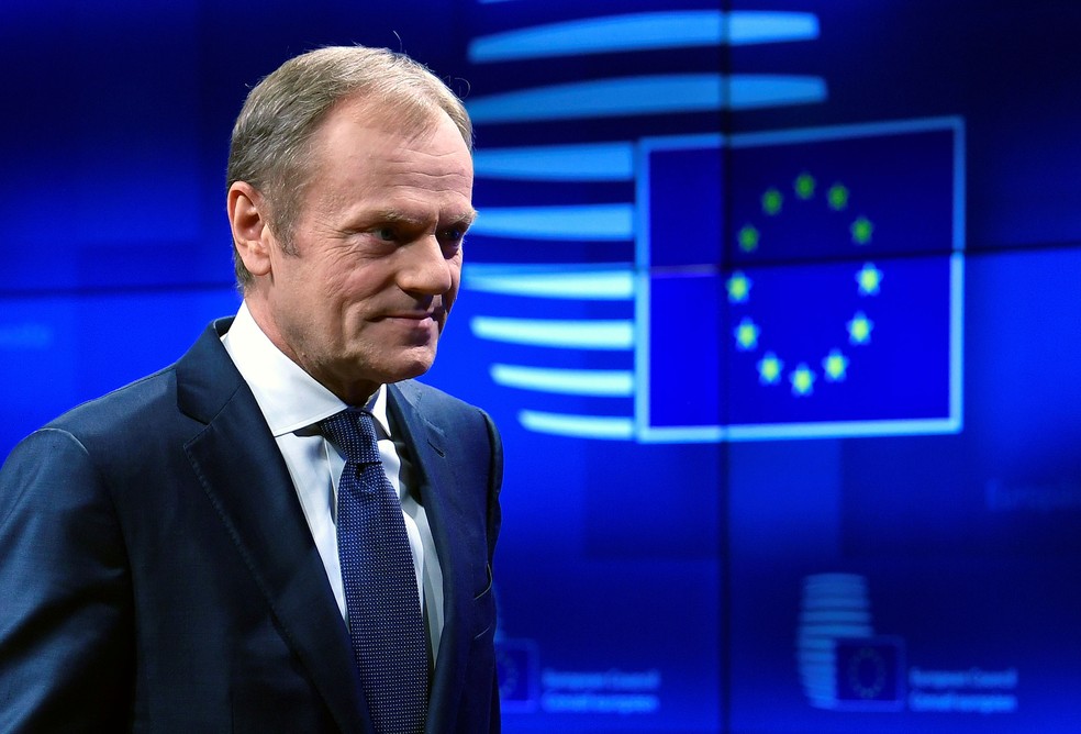Presidente do Conselho Europeu, Donald Tusk, fez uma declaração sobre o Brexit nesta quarta-feira (20), antes de encontro de líderes da UE em Bruxelas, na Bélgica  — Foto: Toby Melville/ Reuters