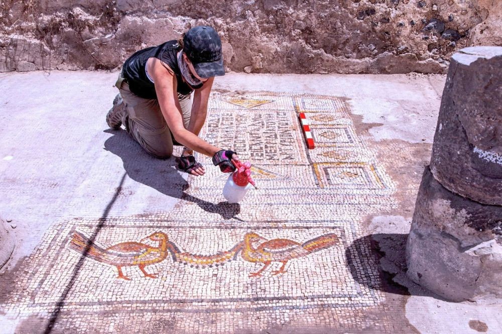 Mosaico colorido do século V foi encontrado por arqueólogos (Foto: Divulgação/Universidade de Haifa)