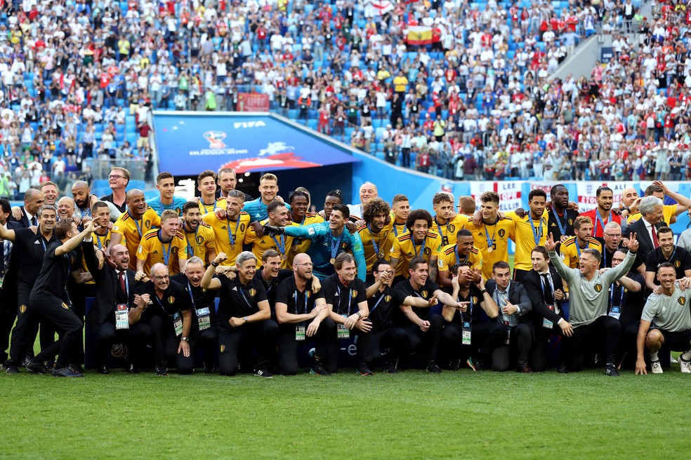 Bélgica comemora o terceiro lugar — Foto: Clive Rose - FIFA/FIFA via Getty Images