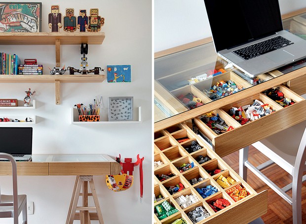 A escrivaninha no quarto de Gabriel, 8 anos, filho da arquiteta Leila Bittencourt, tem gaveta com divisórias para pequenas peças de brinquedo (Foto: Edu Castello)