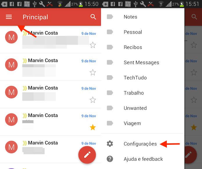 Caminho para as configurações do Gmail no Android (Foto: Reprodução/Marvin Costa)