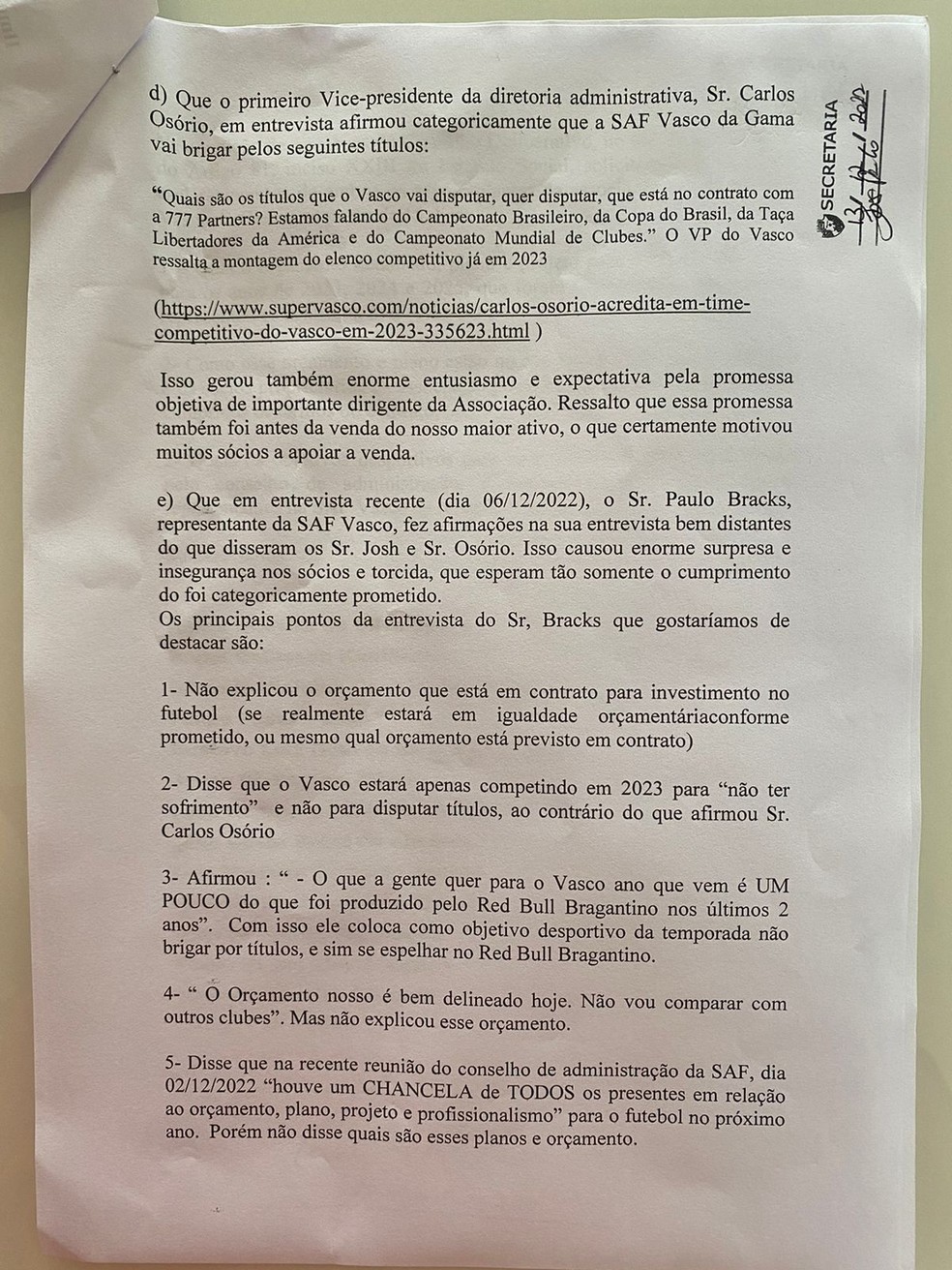 Grupo de conselheiros do Vasco cobra explicações sobre promessas da 777  — Foto: Reprodução