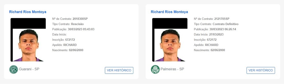 Registro da rescisão de Richard Ríos com o Guarani e seu contrato com o Palmeiras — Foto: Reprodução