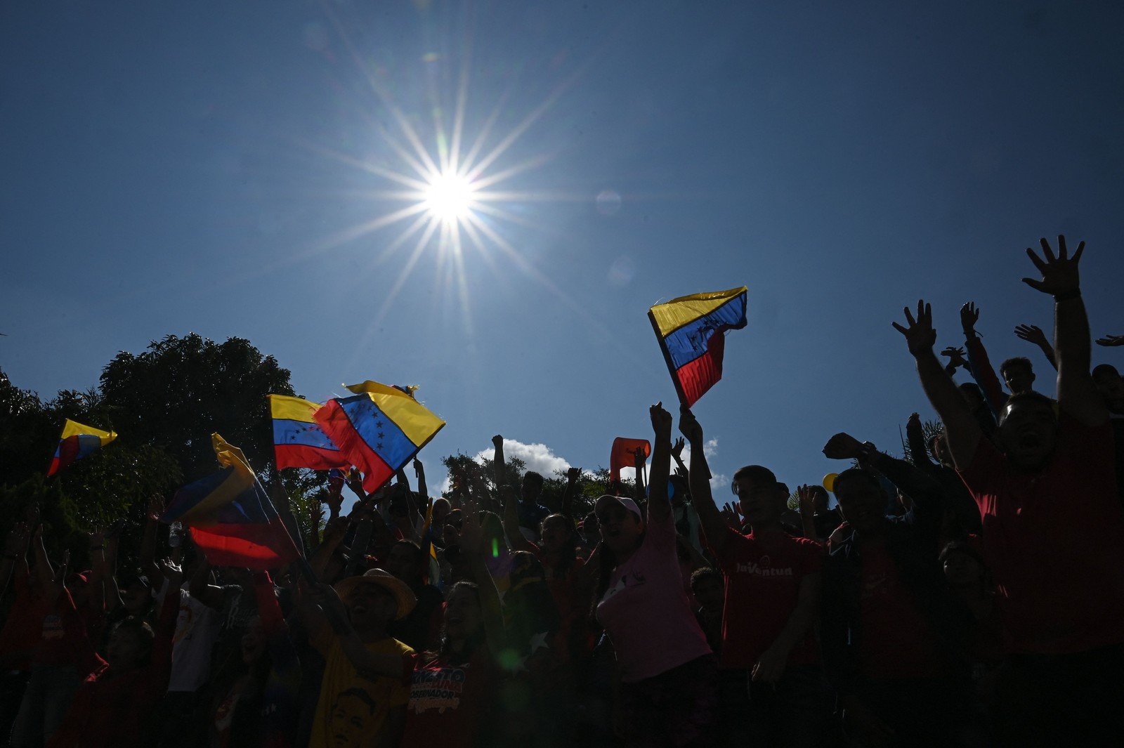 Venezuelanos agitam bandeiras nacionais enquanto participam de uma marcha no Dia Internacional da Juventude em Caracas — Foto: FEDERICO PARRA/AFP
