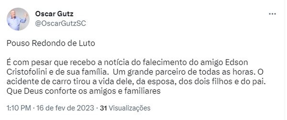 Ex-prefeito de Pouso Redondo lamentou morte da família — Foto: Redes Sociais/ Reprodução