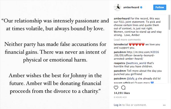 A declaração de Amber Heard sobre o texto de J.K. Rowling referente a Johnny Depp (Foto: Instagram)