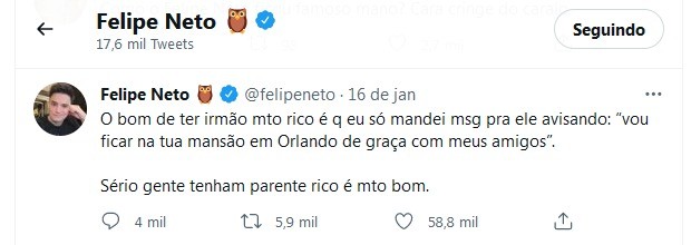 Tweet de Felipe Neto (Foto: Reprodução/Tweet)
