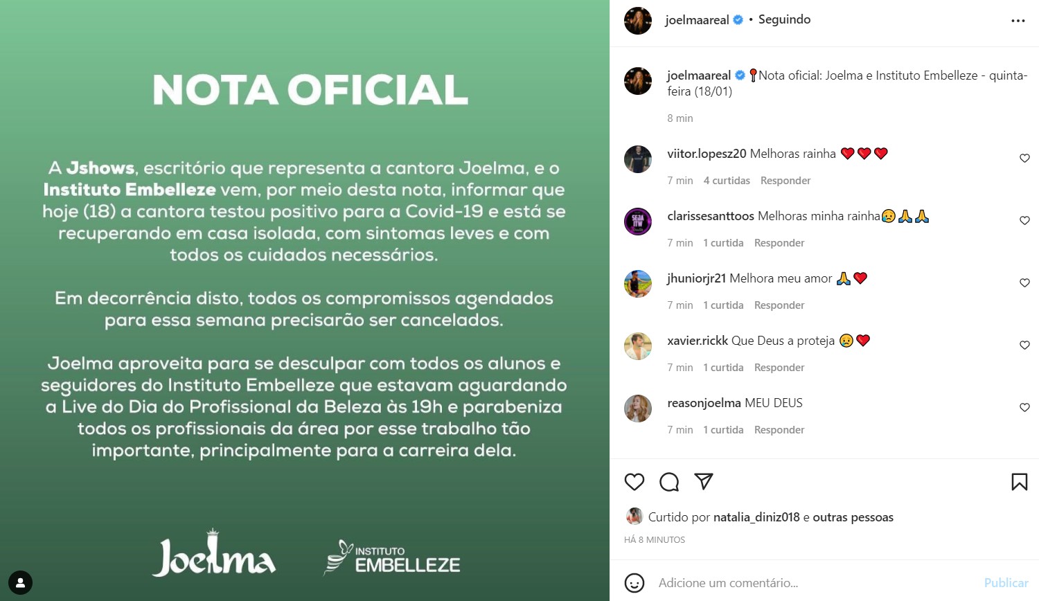 Joelma testa positivo para a Covid pela segunda vez (Foto: Reprodução/Instagram)