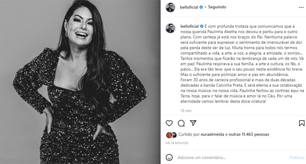 Bell Oliver posta texto após morte de Paulinha Abelha (Foto: Reprodução/Instagram)