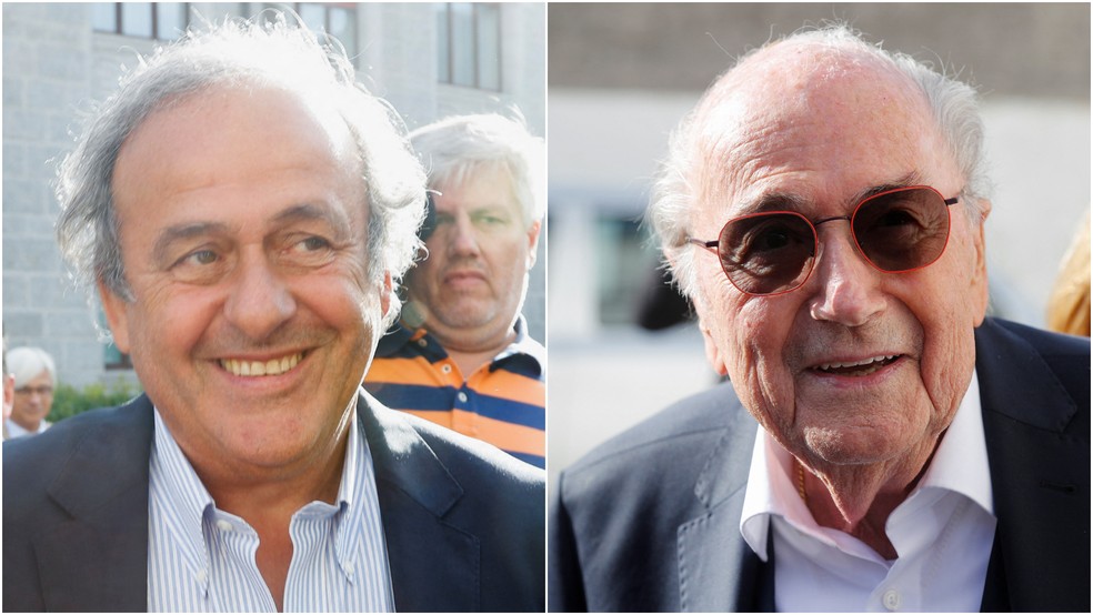 Montagem com fotos do ex-presidente da Uefa e lenda do futebol francês Michel Platini e do ex-presidente da Fifa Joseph Blatter durante a chegada ao tribunal na Suíça que julga uma acusação por fraude contra eles, em 8 de junho de 2022. — Foto: Arnd Wiegmann/Reuters