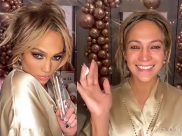 Jennifer Lopez de maquiagem caprichada e de cara limpa (Foto: Reprodução/Instagram)