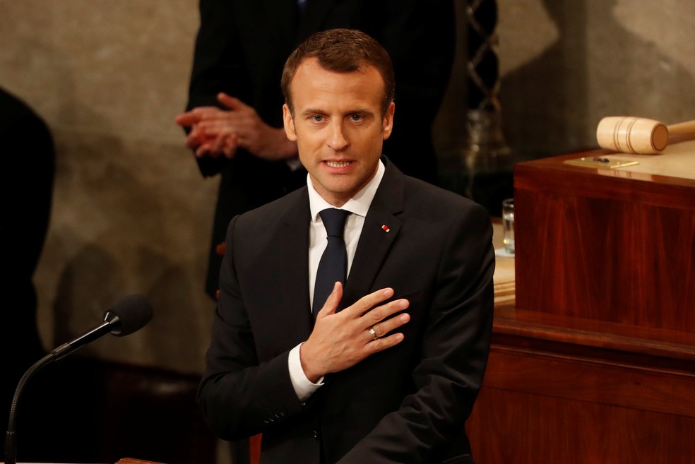 O presidente da FranÃ§a Emmanuel Macron no congresso americano (Foto: Brian Snyder/ Reuters)